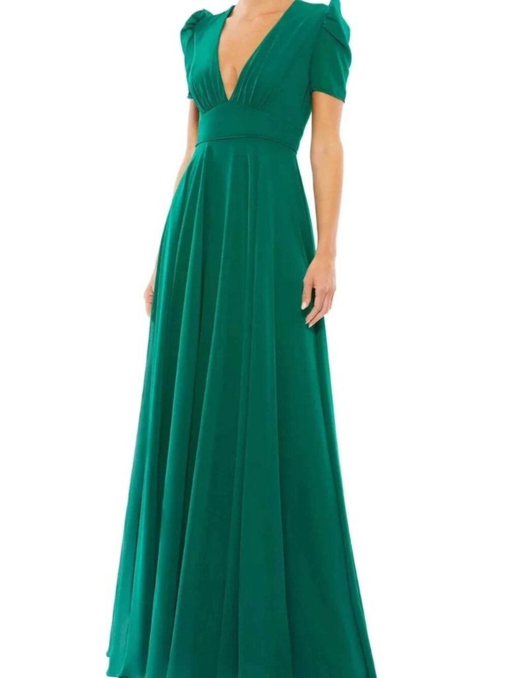 Ieena Mac Duggal Emerald Green V-Neck Puff Sleeve Chiffon Dress